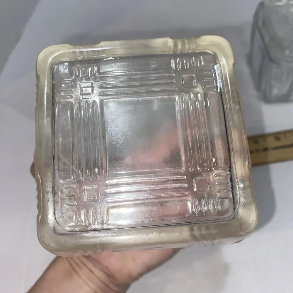 2-VTG Hazel Atlas Crisscross Clear Glass Square Refrigerator Dishes W/Lids 1930s
